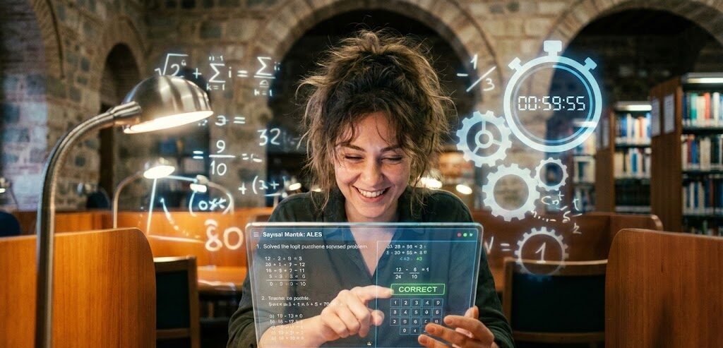 ALES Sayısal sınavına hazırlanan bir öğrencinin analitik düşünme ve zaman yönetimi becerilerini kullanarak problem çözmesi.