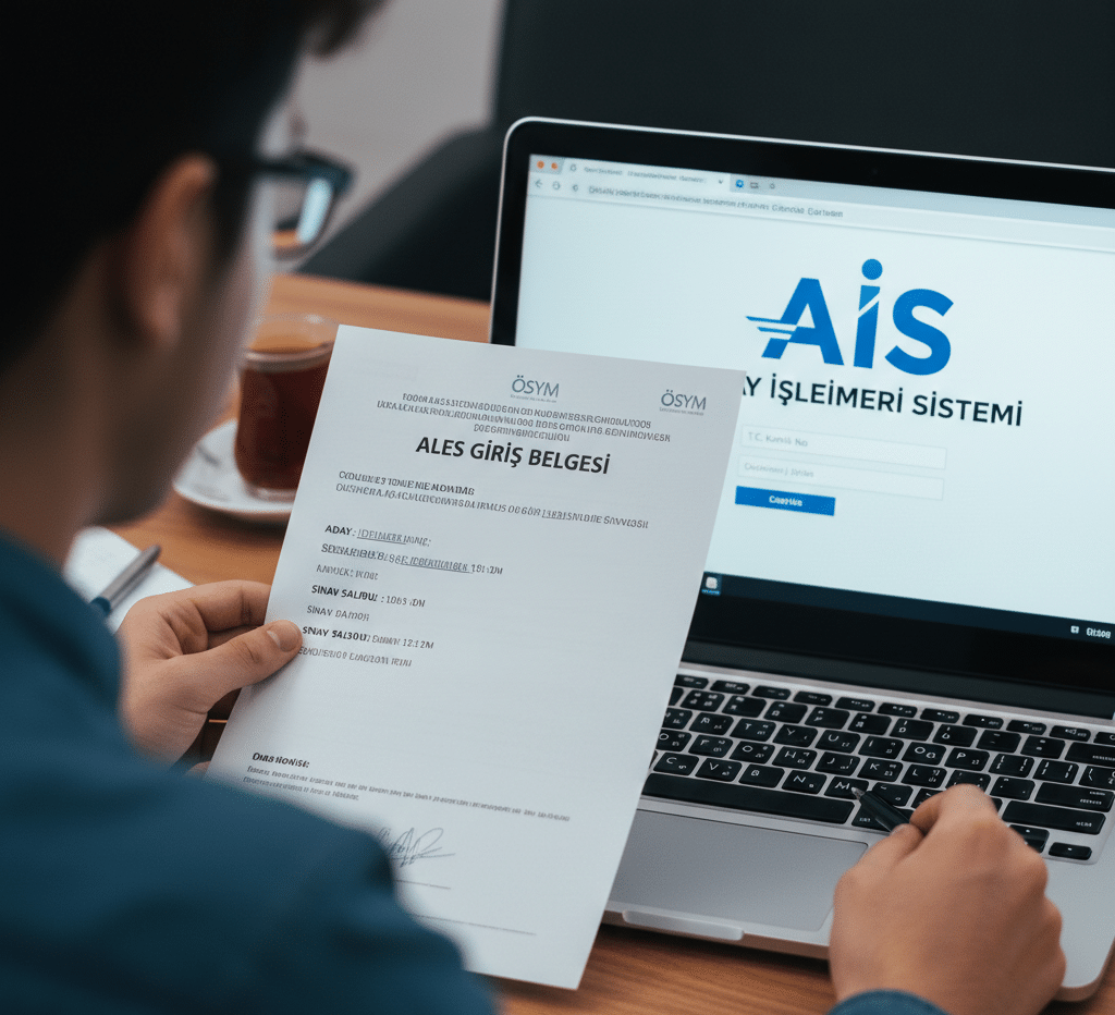 Student's hands holding the printed ALES giriş belgesi next to the ÖSYM AİS ekranı (screen) on a laptop.