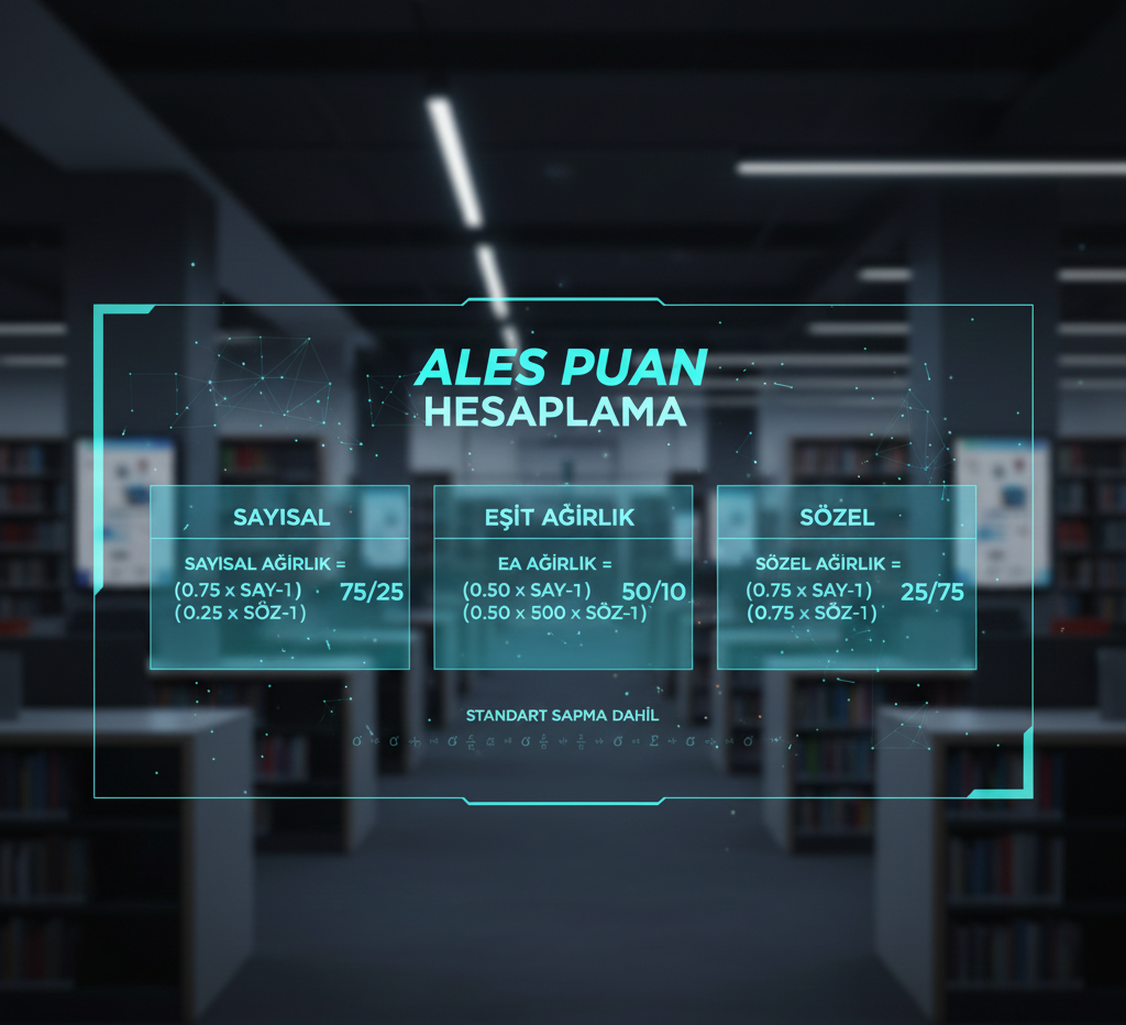 ALES puan hesaplama formülünü gösteren dijital grafik ve katsayılar (SAY, EA, SÖZ) arasındaki ağırlık dağılımı.