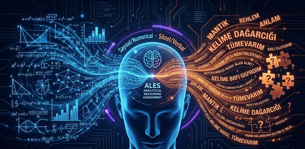 ALES sınavının Sayısal ve Sözel muhakeme yeteneklerini test eden yapısını gösteren soyut analiz görseli.