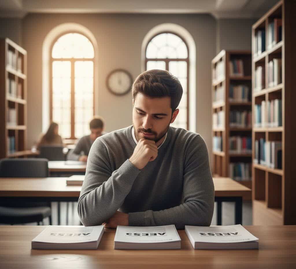 Bir öğrencinin masasında duran ALES 1 2 3 sınav kitapçıkları ve seçim süreci.