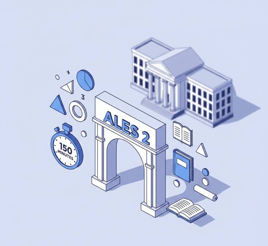 Conceptual 3D illustration showing the ALES 2 exam as a path to an academic career and graduate studies.