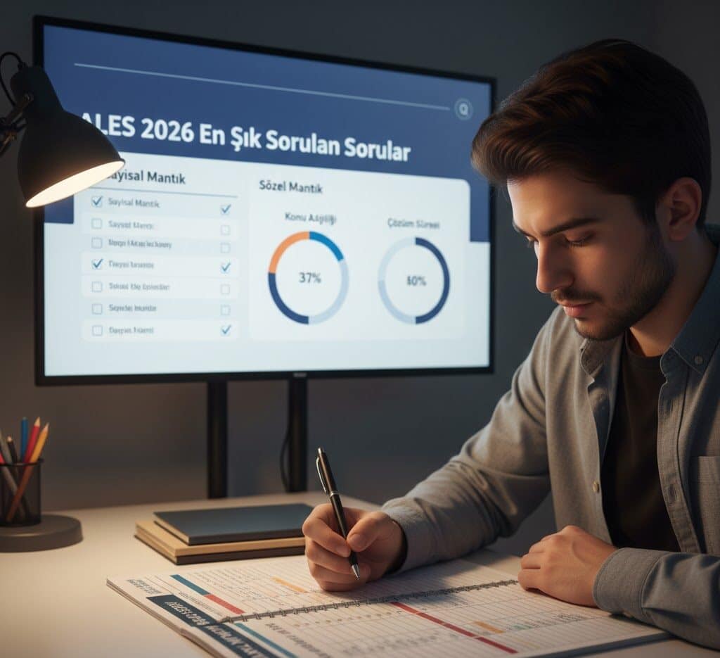 ALES 2026 En Sık Sorulan Sorular ve Cevaplarını inceleyen, çalışma masasında odaklanmış öğrenci görseli.