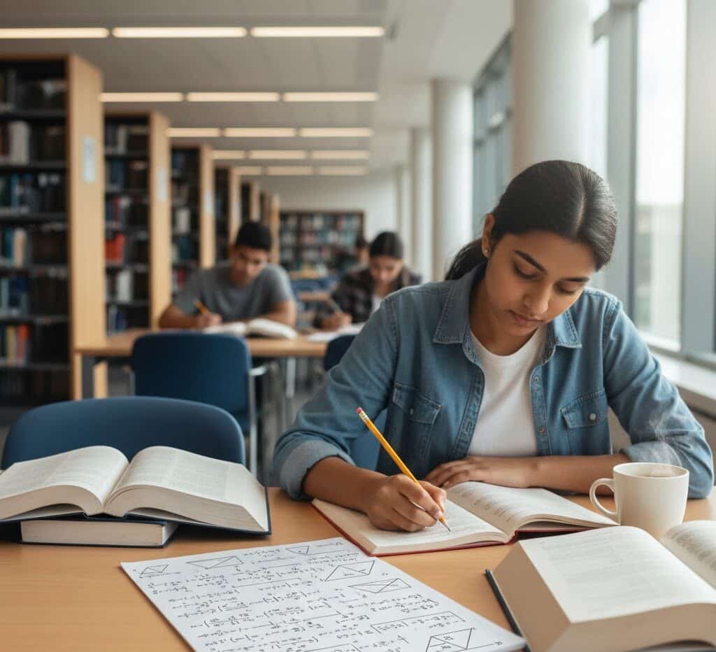 A student studying for the ALES 3 exam in a library with academic books and study notes.