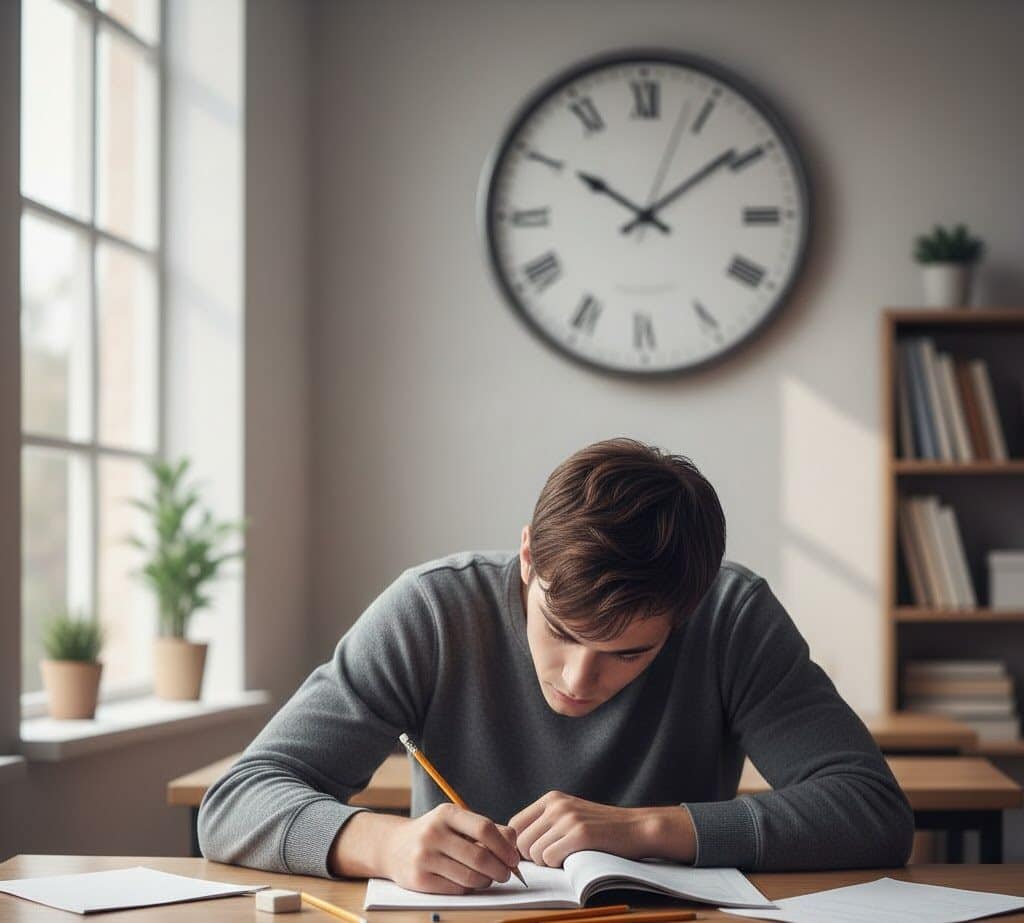 A student studying for the ALES exam with a clock highlighting the 150-minute time limit.