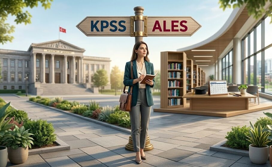 KPSS ALES nedir sorusunu simgeleyen iki farklı kariyer yolunu gösteren tabela ve binalar.