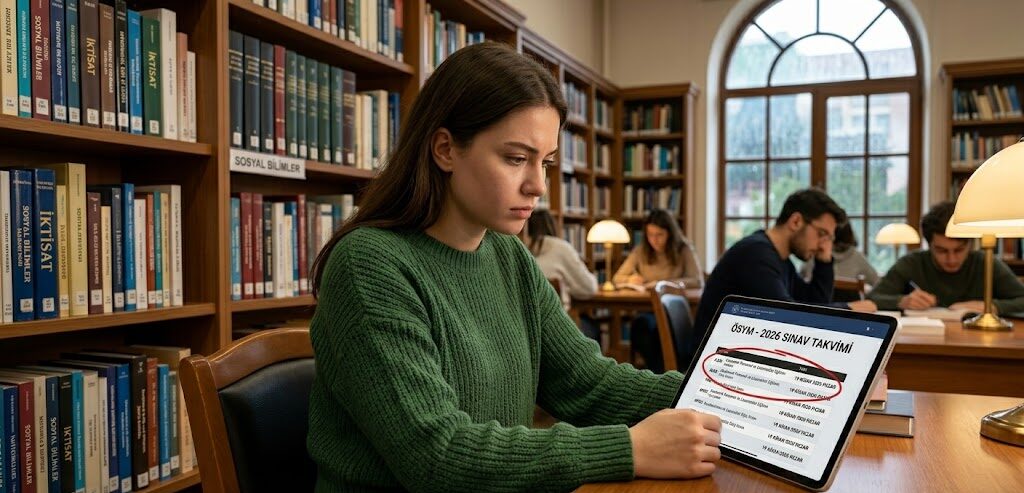A student in a library reviewing the ALES 2026 exam calendar on a tablet for academic applications.