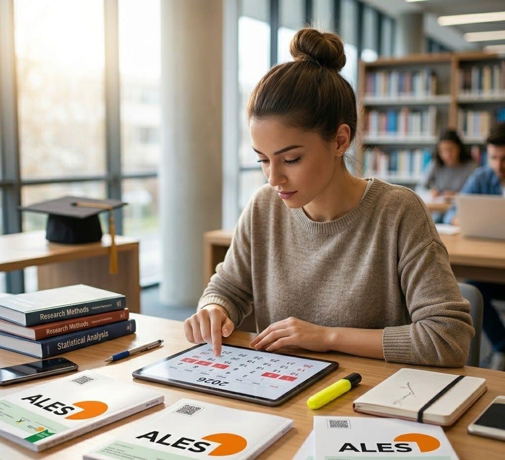 A digital tablet showing the 2026 calendar on an organized desk with academic books, representing ALES 2026 exam planning.